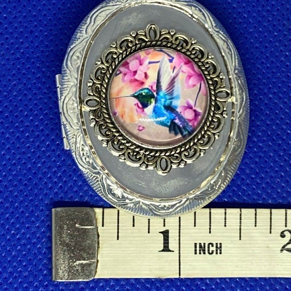 Hummingbird Locket Necklace Silver Pill box fancy - Picture 7 of 8